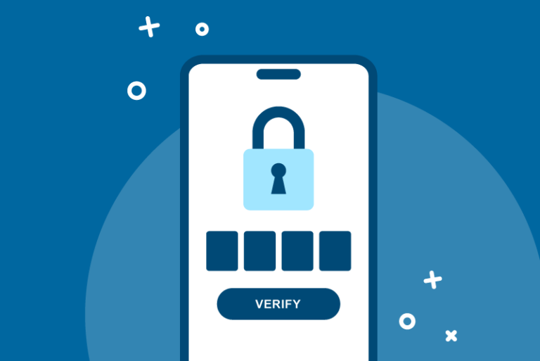Blue graphic of a smart phone with two factor authentication.