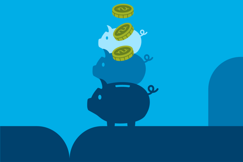Illustration of three stacked piggy banks in ascending shades of blue